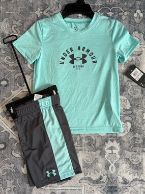 Under Armour Boys size 6 Aqua Blue Heather Tee and Navy Stripe Shorts